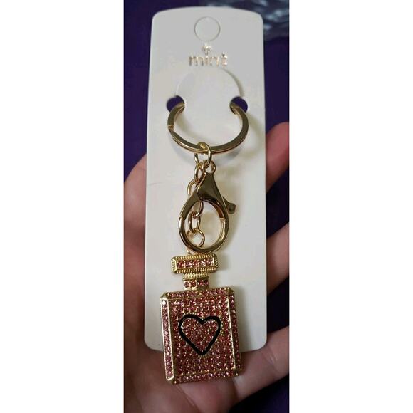 Mint Pink Perfume Bottle Rhinestone Purse Charm Key Ring Chain Gold Tone New - Picture 2 of 5